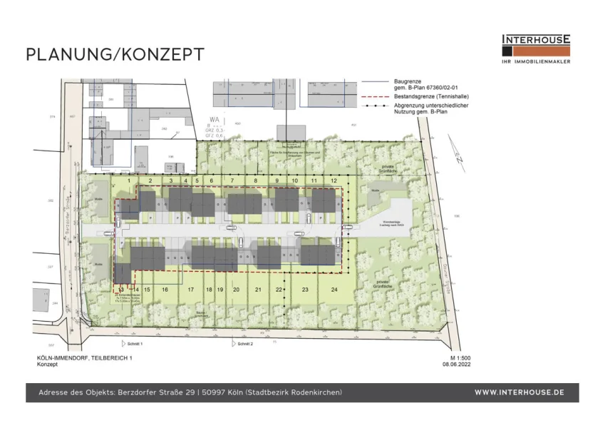Planungskonzept - Grundstück kaufen in Köln / Immendorf - 24 EFH mit 3.115 m² Geschossfläche, positiver Bauvorbescheid!