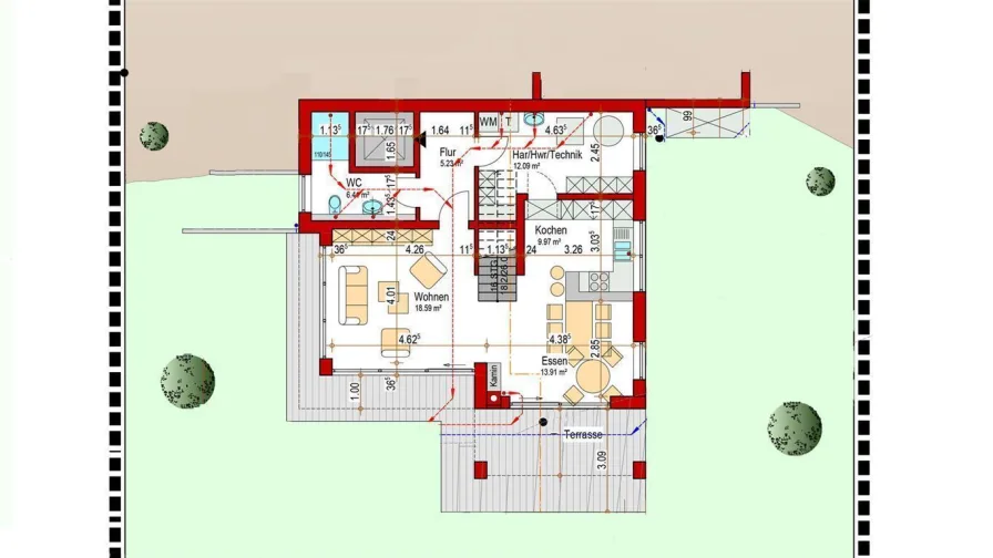 geplantes UG: 66,2 m² Wfl. mit großer Terrasse