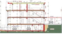 Gebäudeschnitt. Lift und Tiefgarage im Haus