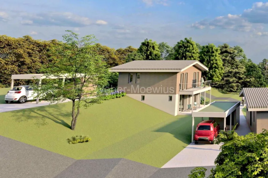 3158 Visualisierung 1 - Haus kaufen in Langgöns / Cleeberg - GEPLANTER NEUBAU: energieeffizientes KfW40-StommelHaus mit Balkon, Terrasse, Carport auf 610 m² GRU