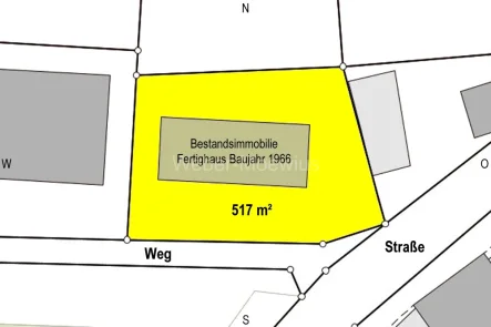 3244 Lageplanskizze - Grundstück kaufen in Much - ZENTRUMSLAGE: 517 m² großes Baugrundstück mit Bestandsgebäude (Fertighaus) zur Entwicklung