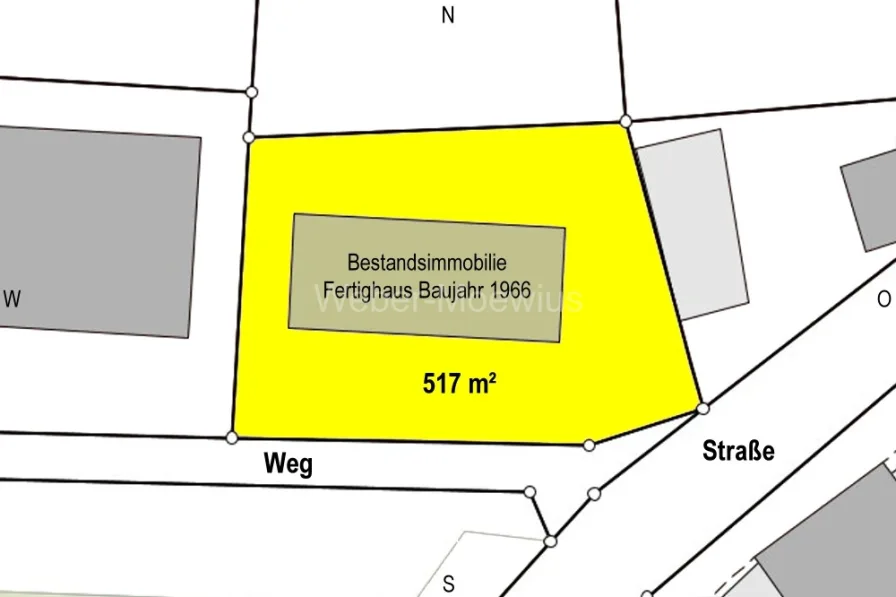 3244 Lageplanskizze - Grundstück kaufen in Much - ZENTRUMSLAGE: 517 m² großes Baugrundstück mit Bestandsgebäude (Fertighaus) zur Entwicklung