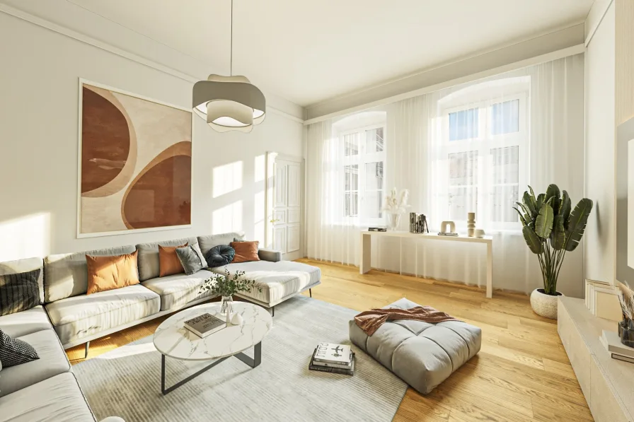 Visualisiertes Wohnzimmer - Wohnung kaufen in Berlin - Bezugsfreie 76m² -Wohnung mit Fahrstuhl am Ku-Damm