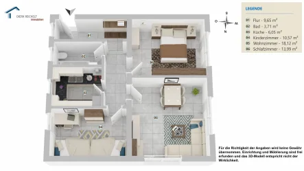 3D-Modell - Wohnung kaufen in Mainz - Bezugsfertige gut geschnittene u. gepflegte 3 Zimmer Wohnung in zentraler Lage von Mainz 