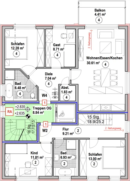 Grundriss OG - Wohnung kaufen in Mettlach / Keuchingen - Neubau 3-Zi Eigentumswohnung Nr. 4 mit 71,36m² im 1.OG in Mettlach-Keuchingen