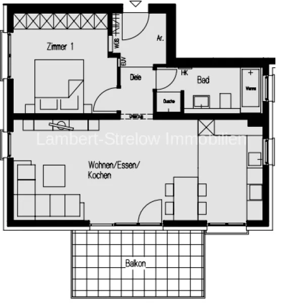 Grundrissplan - Wohnung kaufen in Wiesbaden / Biebrich - Neubauwohnung in Wi-Biebrich, neue 2 Zimmer-Wohnung mit Balkon und bester Ausstattung frei wählbar