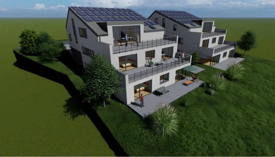 Südwestansicht - Wohnung kaufen in Weimar - Mit Solar und Wärmepumpe - Sonderpreis! Die ersten drei Käufer sparen 10% !   Tolle Lage oberhalb  vom Weingut Weimar - sehr praktische 3 Zimmer Wohnung - Fahrstuhl - Erstbezug