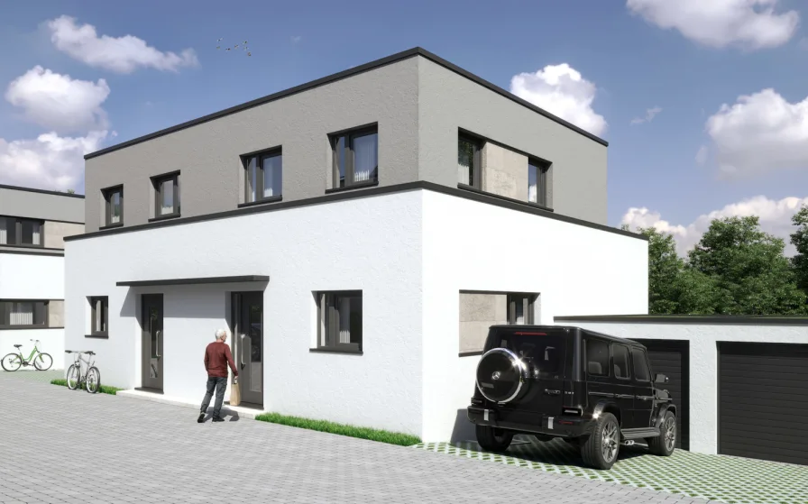 DH Visualisierung Front - Haus kaufen in Wiesbaden - Moderne Doppelhaushälfte mit Garten und Garage