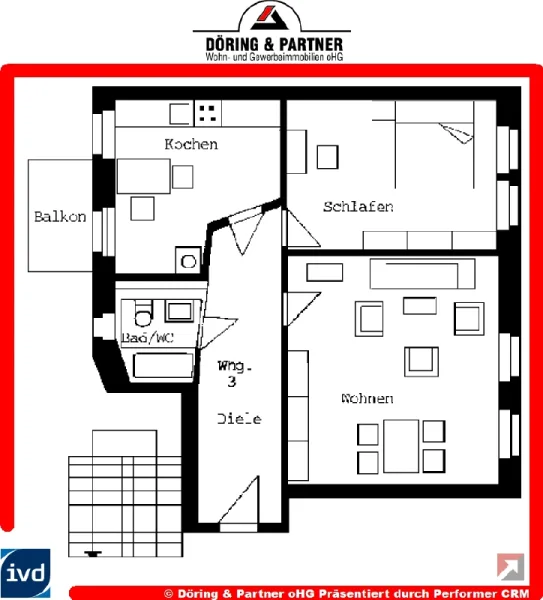 Grundriss - Wohnung mieten in Gera - Moderne 2-Raum-Wohnung mit viel Platz, Balkon & Aufzug !