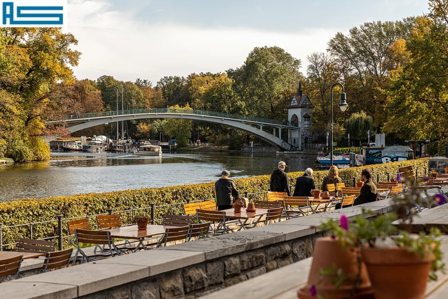 Der Treptower Park mit der Abteibrücke zur Insel der Jugend