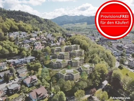 Luftbild mit visualisiertem Bauvorhaben - Wohnung kaufen in Waldkirch - Komfortwohnen mit toller Aussicht!