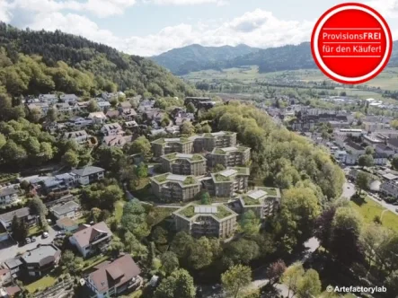 Luftbild mit visualisiertem Bauvorhaben - Wohnung kaufen in Waldkirch - Helle Neubau-Komfortwohnung mit großer Sonnenterrasse in Freiburgnähe