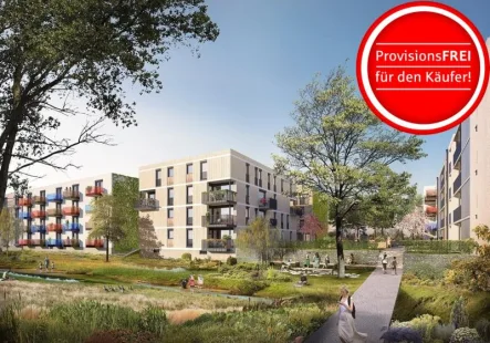 Visualisierung Quartier Metzgergrün mit Bachlauf - Wohnung kaufen in Freiburg im Breisgau - Erstbezug in familienfreundlicher Lage