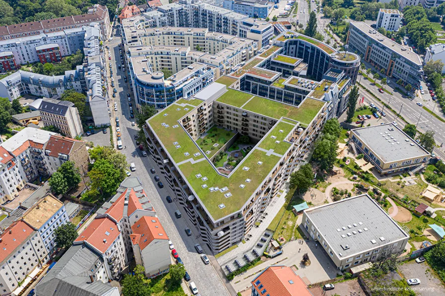 Drohnenfoto - Wohnung kaufen in Leipzig - **NEUBAU** Hochwertige 3 Zimmer-Wohnung mit hervorragender Verkehrsanbindung