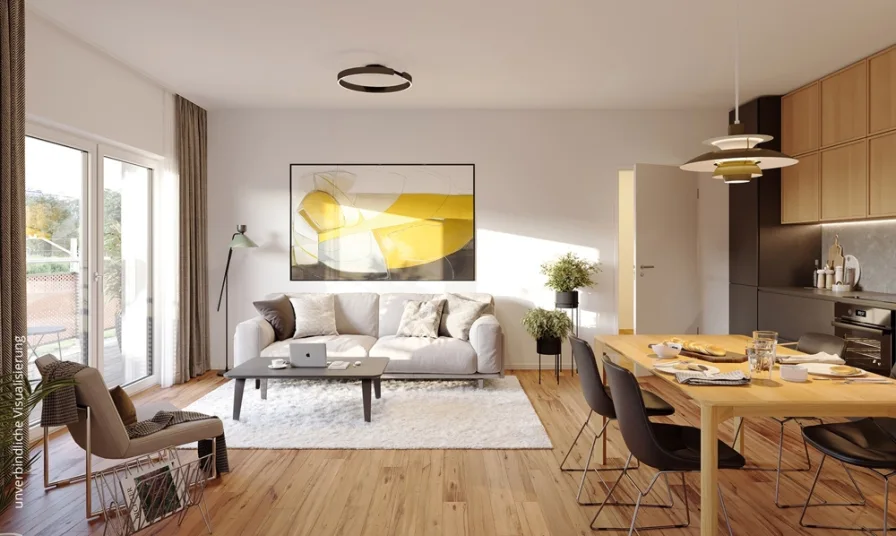 Innenvisualisierung Wohnzimmer 2 Zimmer - Wohnung kaufen in Leipzig - Eine Oase des Wohlbefindens: moderne 2 Zimmer-Wohnung mit Balkon und Abstellraum