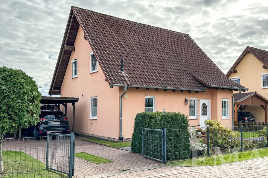 Hausansicht mit Zufahrt zum Carport