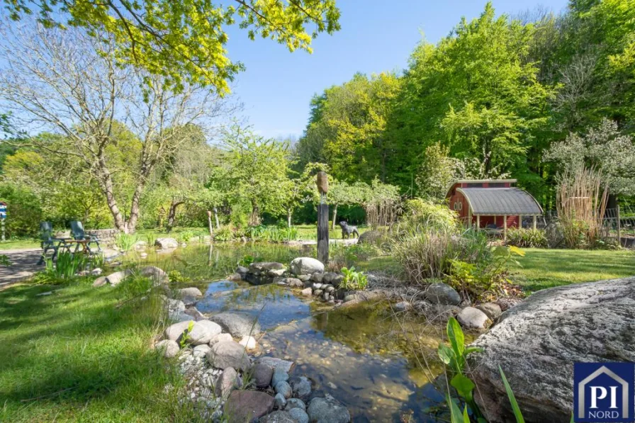 Teich mit Bachlauf - Haus kaufen in Strande - Erstklassiges Wohnerlebnis mit direkter Waldrandlage und Ostseenähe