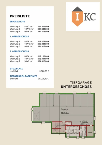 Preisblatt mit Grundriss Tiefgarage