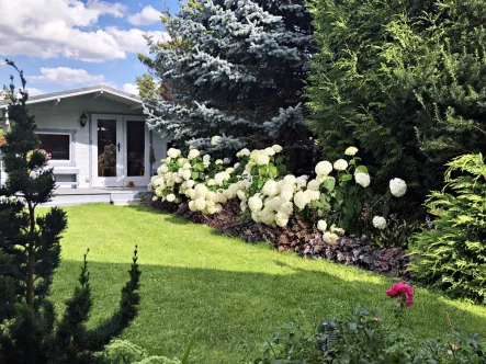 Garten mit Gartenlaube - Haus kaufen in Claußnitz - +++ Gepflegtes Niedrigenergiehaus mit Dachterrasse, Balkon, Garten und Kamin in Claußnitz +++