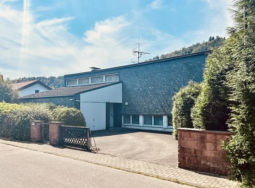 Hausfront mit Hof und Garage - Haus kaufen in Neckargemünd - Freistehendes Architektenhaus mit Einliegerwohnung und besonderer Raumaufteilung in Neckargemünd.