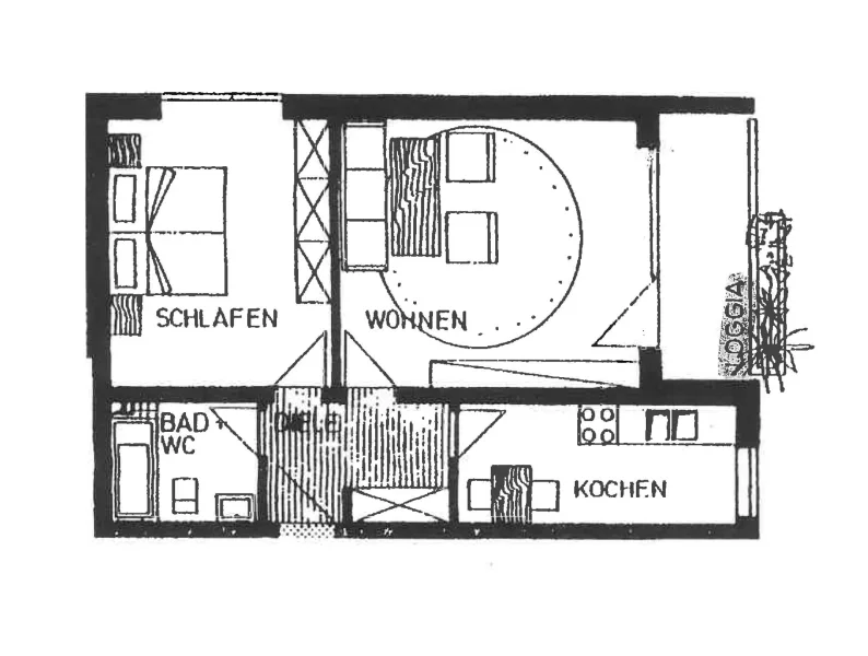 Grundriss - Wohnung mieten in Augsburg - Augsburg/Inningen: Möblierte 2-Zimmer Wohnung in ruhiger Lage