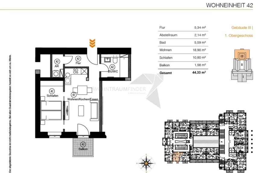 Grundriss_Lage WE 42 - Wohnung mieten in Chemnitz - !!Wohnen am Pelzmühlenteich!! Moderne 2 Raum-Whg. mit Einbauküche, Balkon, Aufzug und TG-Stellplatz