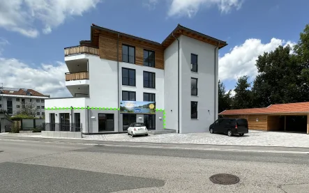 Ansicht Ost - Sicht von der Hauptstraße - Büro/Praxis kaufen in Miesbach - *** Miesbach 39 ** NEUBAU ** Repräsentative, helle Gewerbefläche in Bestlage ***