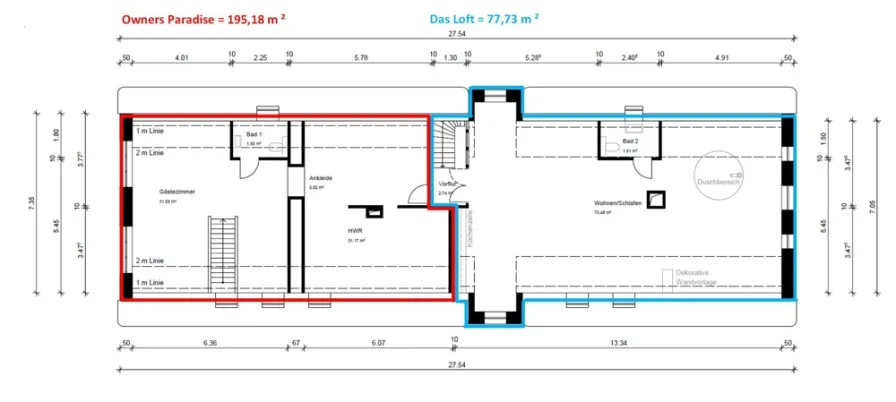 Grundriss OG - Aufteilung in 3 Wohneinheiten