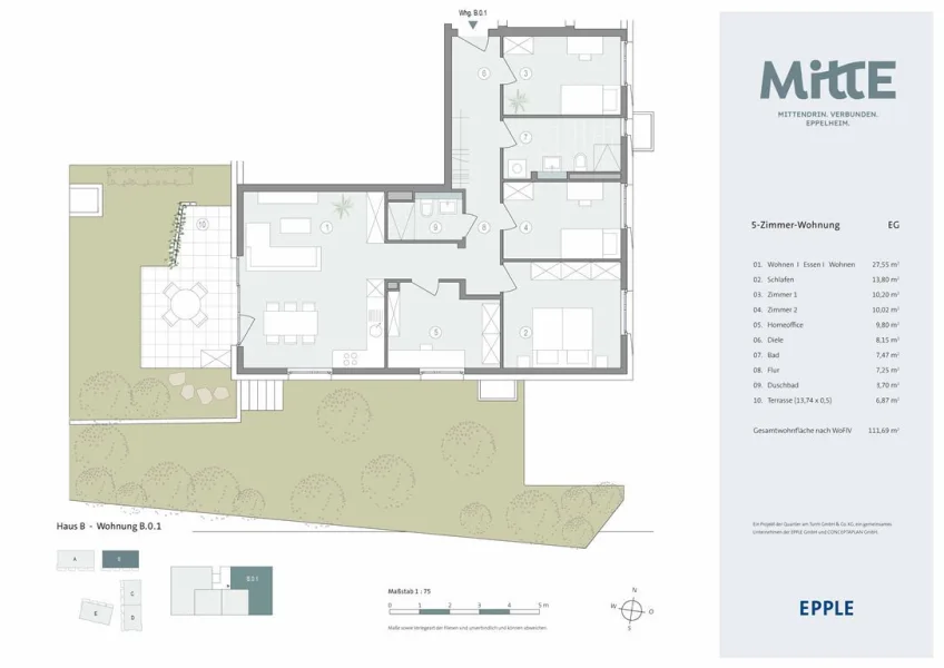 EPPLE_MittE_HausB_Wohnung_B.0.1_5-Zimmer-Wohnung - Haus kaufen in Eppelheim , Baden - Helle 5-Zimmer-Wohnung mit Garten und viel Platz für die ganze Familie