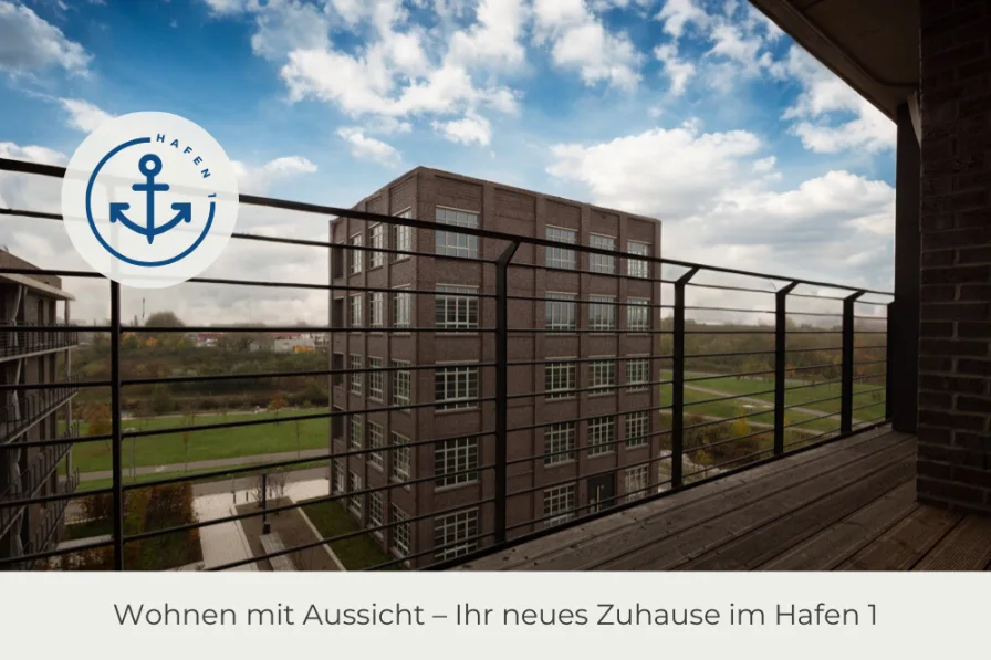 Ausblick Loggia - Wohnung mieten in Leipzig - ** Hafen 1 | Exklusive Dachgeschoss-Wohnung | große Loggia |  Parkett | Offene Küche | Aufzug **