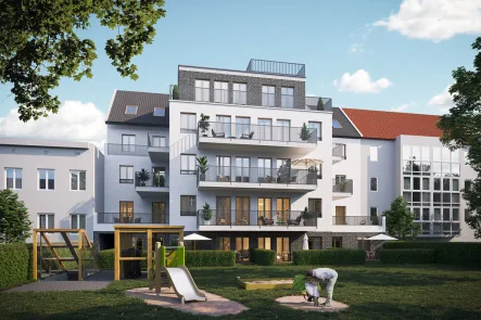 Best-Place-Immobilien-Morgentau-Gartenfassade-klein - Wohnung kaufen in Berlin - Green & fresh: Lichtdurchströmtes Gründach-Penthouse mit 2 Terrassen, Balkon und Fußbodenheizung.