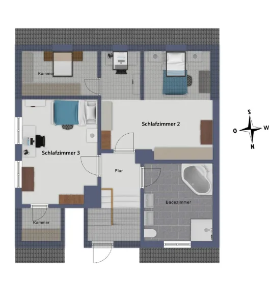 4 Ebene mit Bad und Schlafzimmer mit Abstellräumen