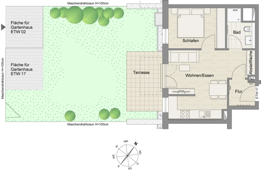 Grundriss ETW 17 EG - Wohnung kaufen in Germering - Neubau- 2-Zimmer Gartenwohnung mit ca. 42 m² Wfl. & Süd-West Terrasse in Germering. ETW 17