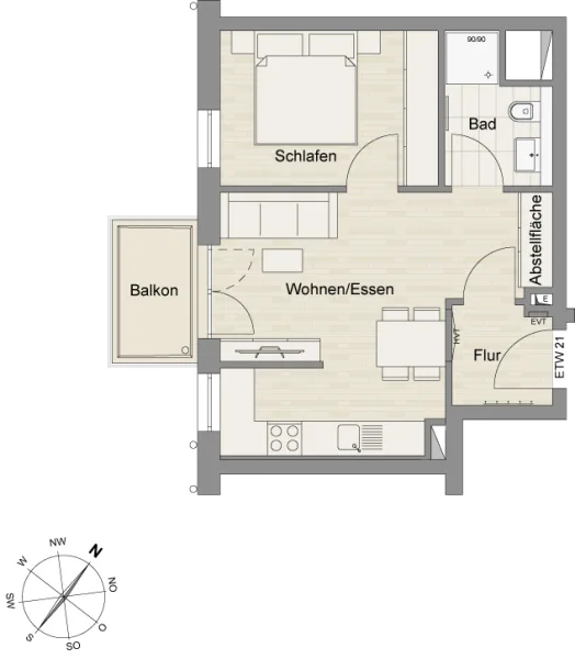 Grundriss - Wohnung kaufen in Germering - Neubau- 2-Zimmer Balkonwohnung mit ca. 40 m² Wfl. & Süd-West Balkon in Germering. ETW 21