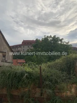 Blick zum Grundstück - Grundstück kaufen in Wettin - Grundstück im Stadtzentrum von Wettin mit einmaligem Blick zur Burg und anliegendem Wasserlauf