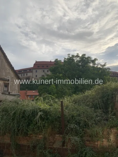 Blick zum Grundstück - Grundstück kaufen in Wettin - Grundstück im Stadtzentrum von Wettin mit einmaligem Blick zur Burg und anliegendem Wasserlauf