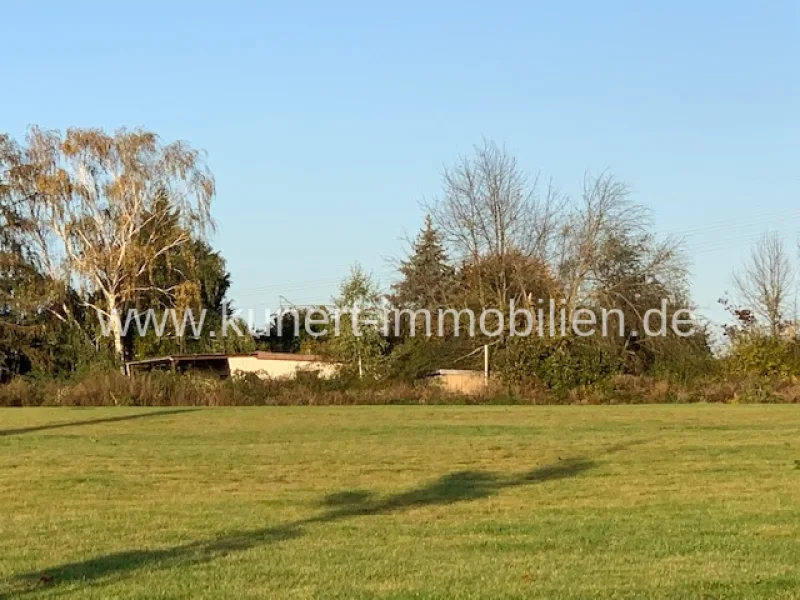 Blick zur Liegenschaft - Grundstück kaufen in Halle (Saale) - Exklusives Grundstück am Golfplatz mit Bestandsgebäude und einzigartigem Blick zum Hufeisensee