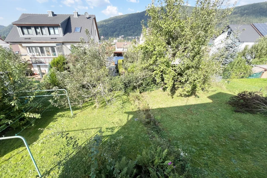 Aussicht vom Balkon in den Garten