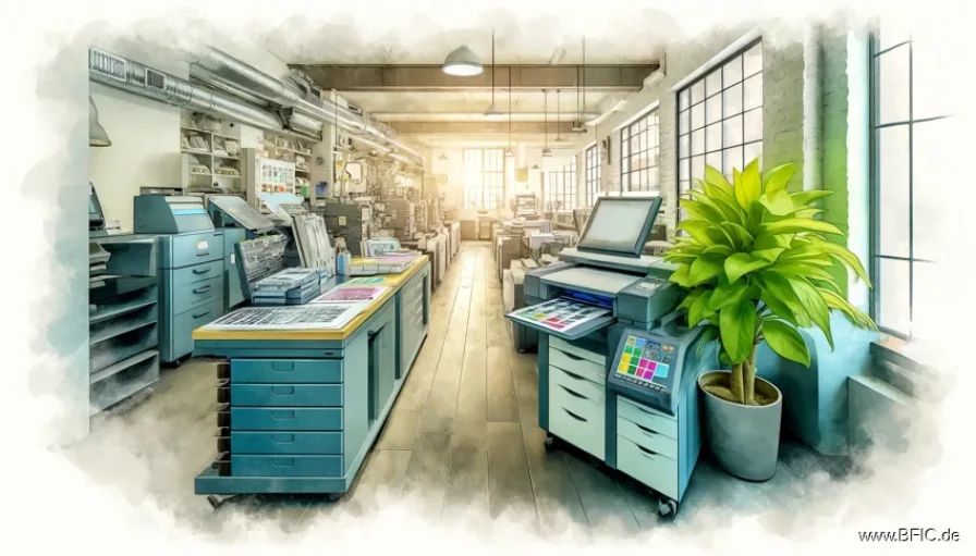 2024-04-04 17.16.23 - Transform the image of a print and copy shop interior into a watercolor painting. The shop is filled with a range of modern printing and binding equip - Sonstige Immobilie kaufen in München Obergiesing - Laden am TeLa Platz Renditestark! Geschäftsübern. inkl., Finanzierungsübern. mgl. + 2 TG, Hobbyraum