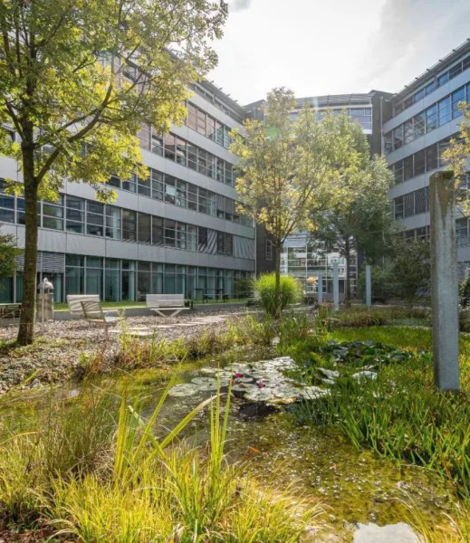 Innenhof - Büro/Praxis mieten in München - Großzügiges, modernes Büro am Westfriedhof - PROVISIONSFREI - Bodentiefe Fenster