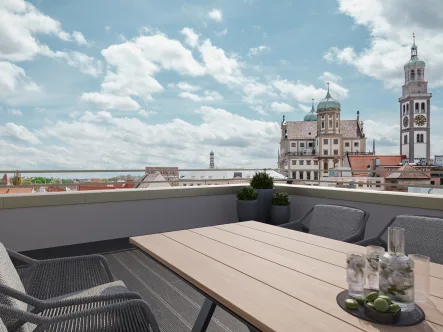 Penthouse Terrasse Rend 1 - Wohnung mieten in Augsburg - Katip | Exklusives 3-Zimmer-Penthouse mit Dachterrasse im Leonsheart – Wohnen auf höchstem Niveau!