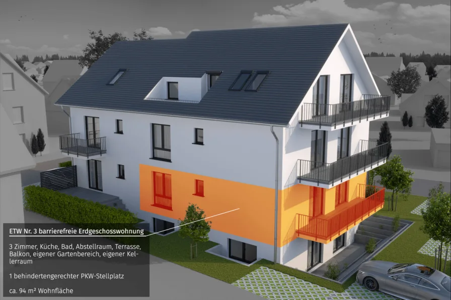 Südansicht_WE3 - Wohnung kaufen in Dreieich - ***TOP Neubau barrierefreie EG ETW mit Balkon, Terrasse und Privatgarten in Götzenhain***