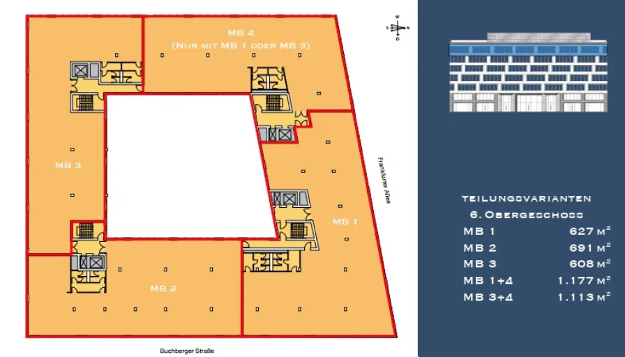 Grundriss 6. OG Teilungsvarianten