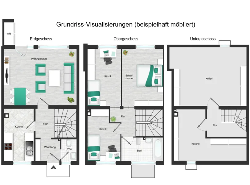 Grundrisse drei RMH-Etagen - Haus kaufen in Berlin - Reihenmittelhaus in Südlage mit Einzelgarage in Berlin-Buckow