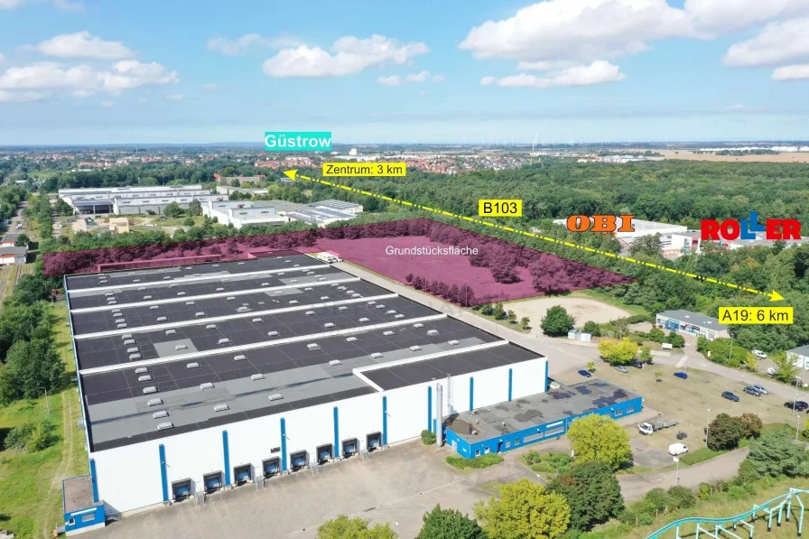 Luftbild mit B103, OBI und Roller - Halle/Lager/Produktion mieten in Güstrow - Ihr neuer Geschäftssitz erwartet Sie: Produktion & Lagerung an einem zentralen Standort!