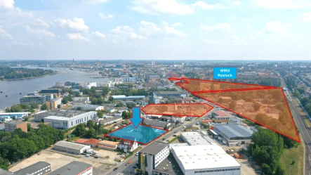 Luftbild_Bauprojekte - Zinshaus/Renditeobjekt kaufen in Rostock - HRO-CITY-Neubaugrundstück für 6 Geschosse und 7.600 m² BGF für Büro und Gewerbe mit Warnowblick