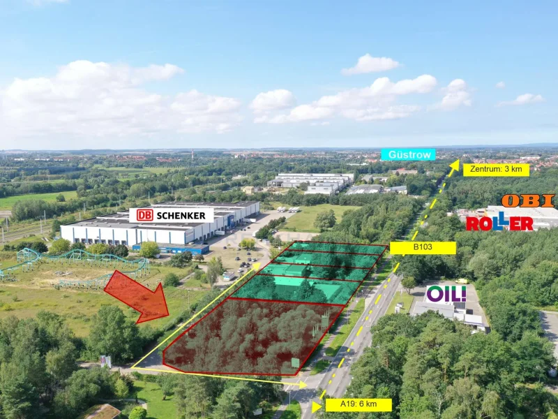 Luftbild_Umgebung - Grundstück kaufen in Güstrow - Werbewirksames Gewerbe-Eckgrundstück an der B103! 3 km ins Zentrum und 6 km zur BAB 19