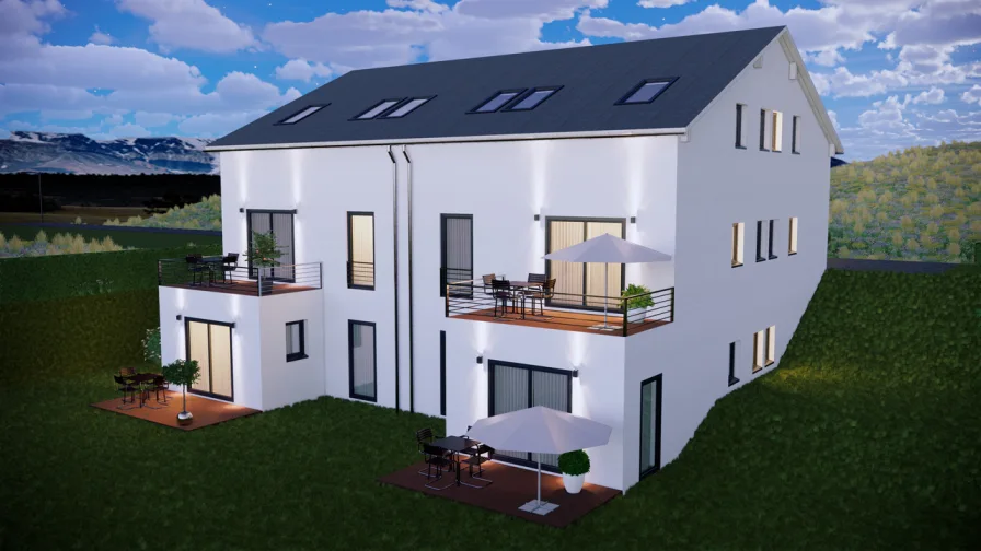 3d_Gartenansicht - Haus kaufen in Ruppichteroth / Büchel - MANNELLA *Familiengerechtes Wohnen * 6 Zimmer, 3 Bäder,  sep. Einliegerwohnung zum Erstbezug 2025