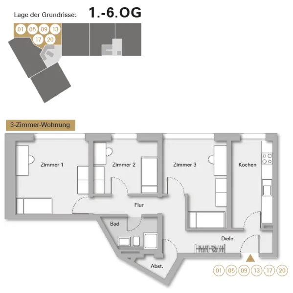 Grundriss 3-Zi.-ETWs Nrn. 1,5,