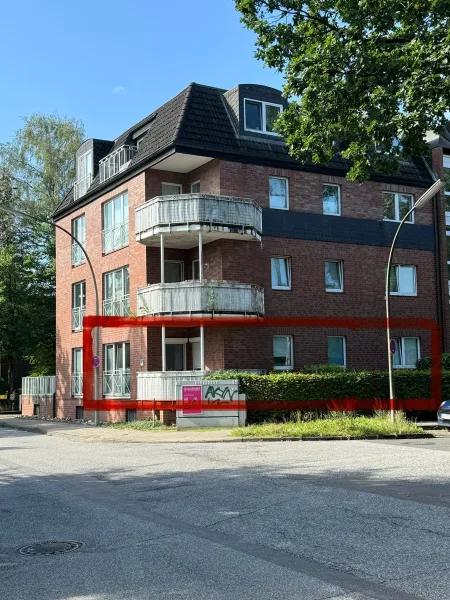 Außenansicht mit Makierung WHG. - Wohnung kaufen in Hamburg Niendorf - Kapitalanlage - gut vermietete Eigentumswohnung in Hamburg Niendorf